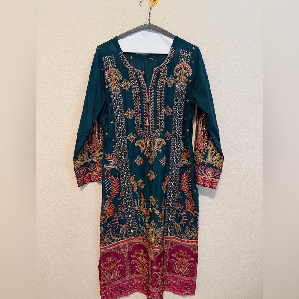 Elegant Teal and Pink Embroidered Pakistani Dress/Suit